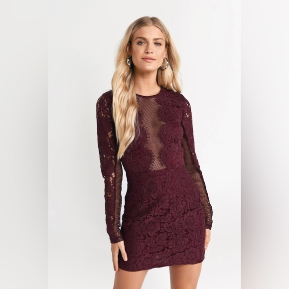 Tobi Dresses & Skirts - TOBI RAVEN WINE LACE BODYCON LONG SLEEVE MINI DRESS PLUNGE ILLUSION NECK LARGE